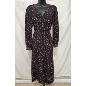 Collection by Bobeau Midi Dress M Polka Dot Faux Wrap Brown/Pink Smocked Cuff